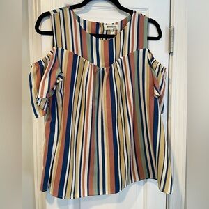 Monteau Los Angeles Size XL Cold Shoulder Navy Cream Sage Striped Ruffle Top